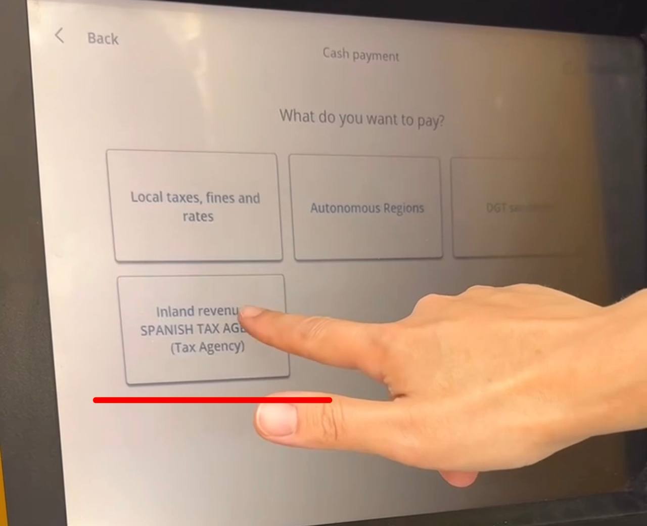 Selecting Spanish tax agency on a CaixaBank ATM