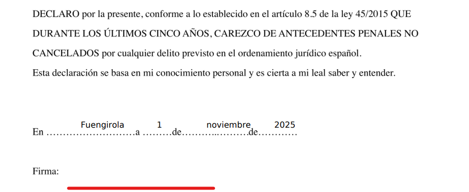 Signature location on the Declaración responsable — next to the word Firma