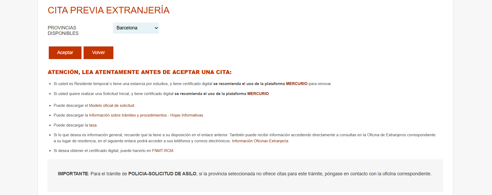 Province selection screen on the fingerprint appointment booking portal