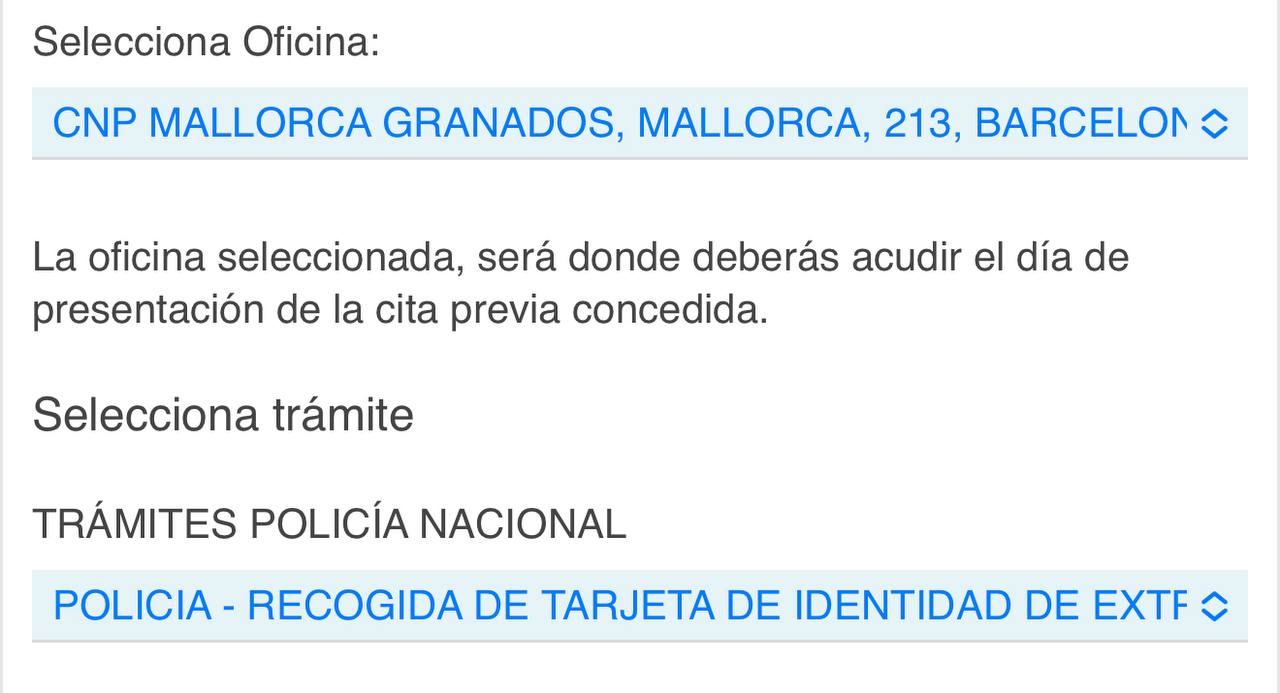 Selecting the police office and tarjeta collection option on the tracking portal