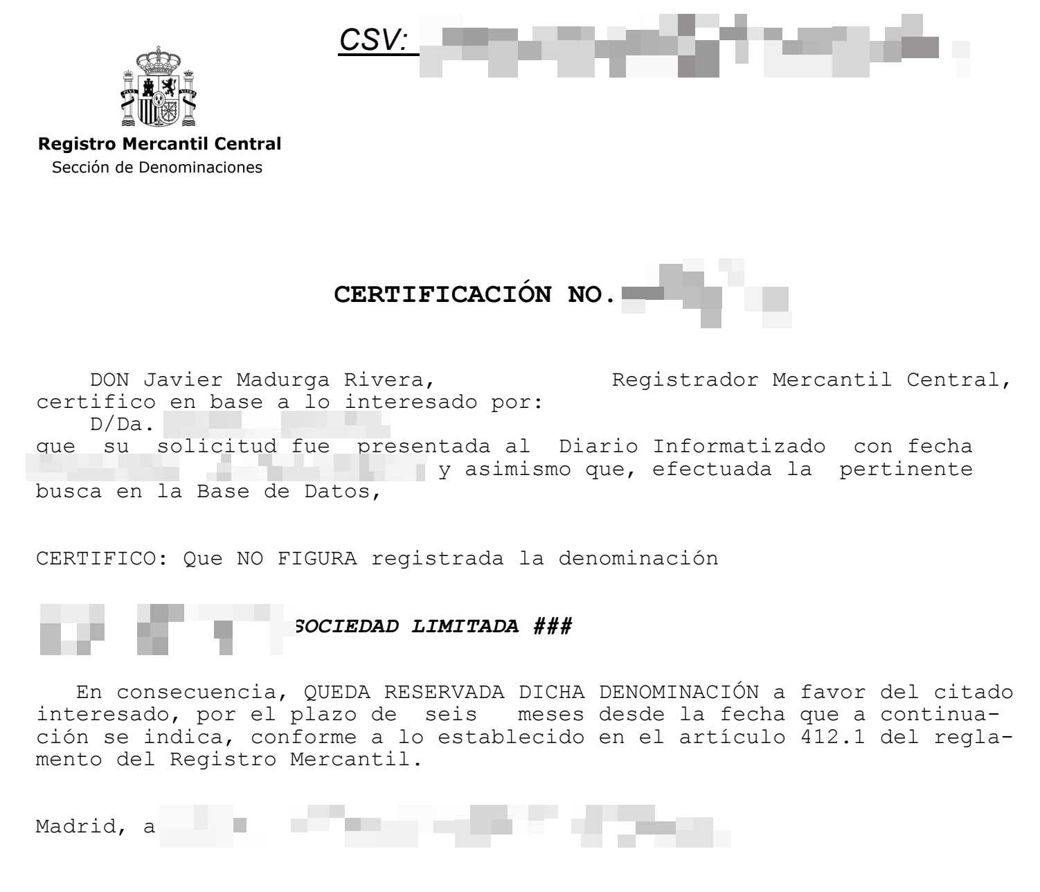 Certificación negativa de denominación from the Registro Mercantil Central — the name-reservation certificate for an SL