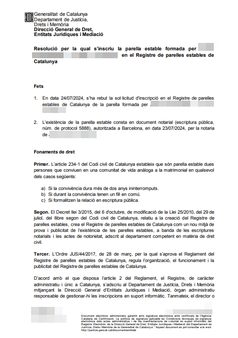 Pareja de hecho certificate in Catalonia — page 1 of the official resolution from the Registro de parejas estables de Catalunya