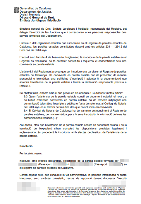 Pareja de hecho certificate in Catalonia — page 2 showing the resolution registering the partnership