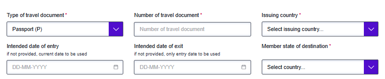 EES status-check form with fields for type of travel document, document number, issuing country, intended dates of entry and exit, and destination member state