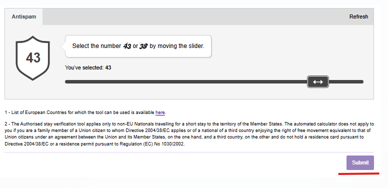 Anti-spam slider verification and Submit button on the EES check-how-long-you-can-stay form