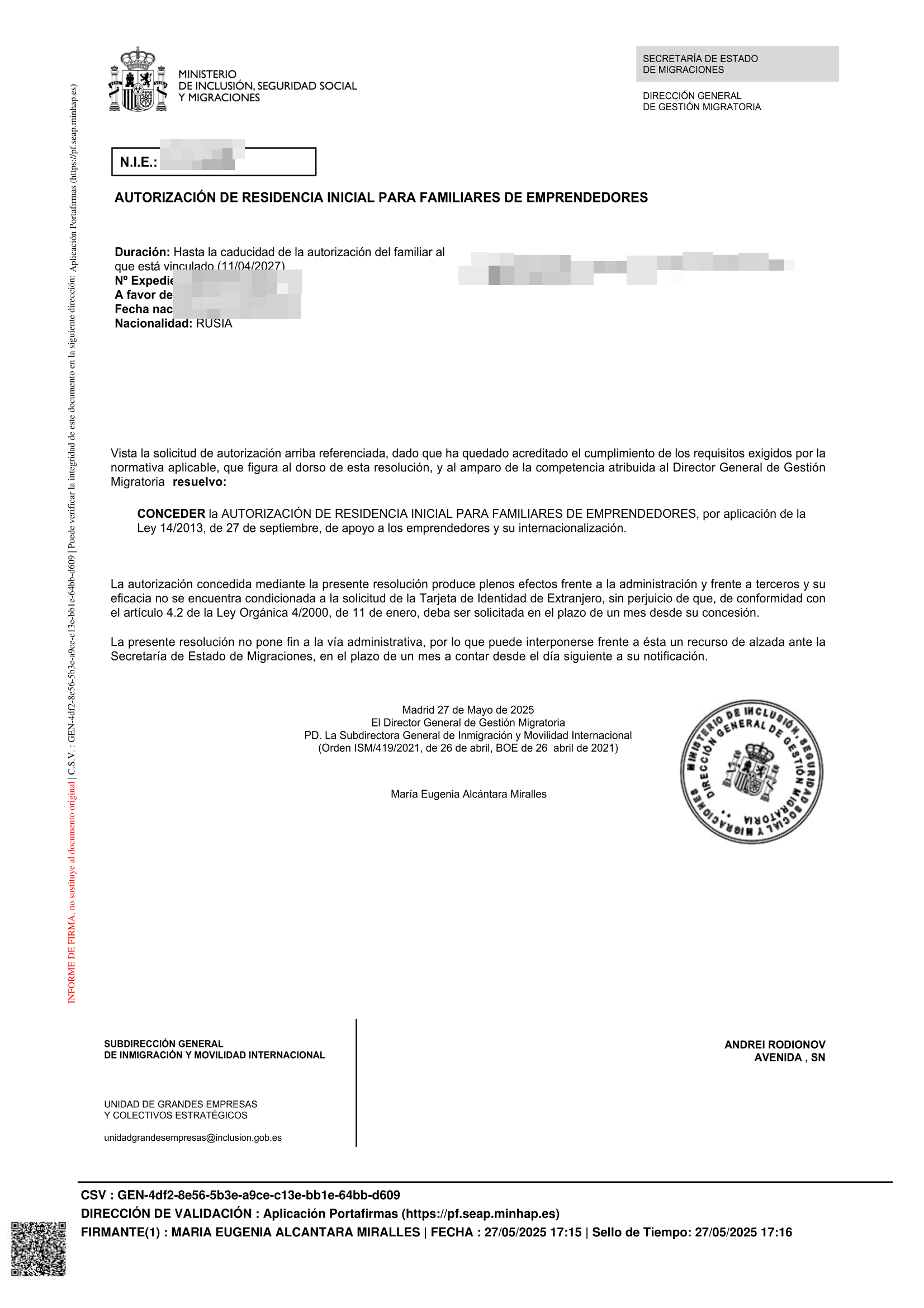 Favorable — Spain residency approval
