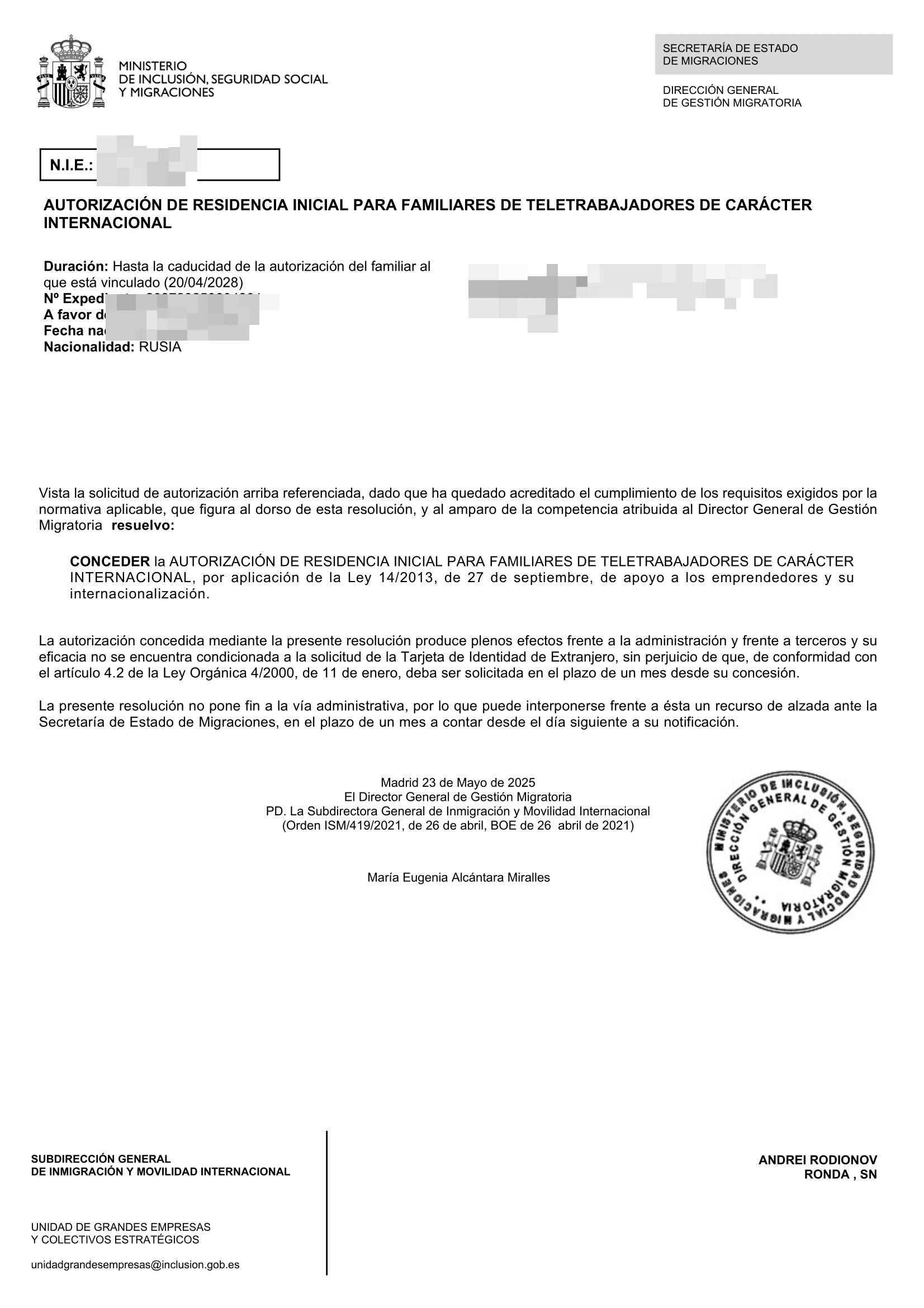 Favorable — Spain residency approval