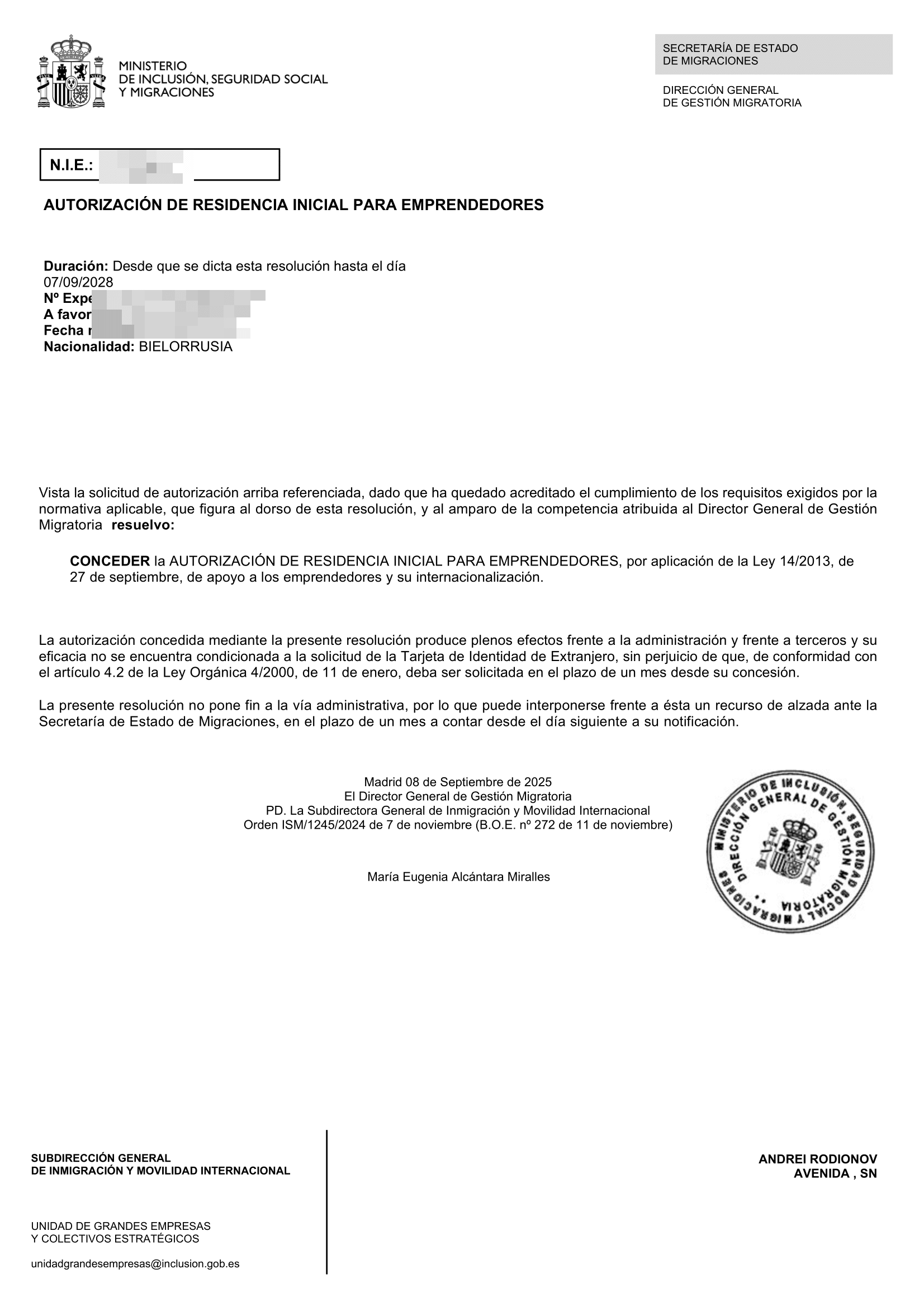 Favorable — Spain residency approval