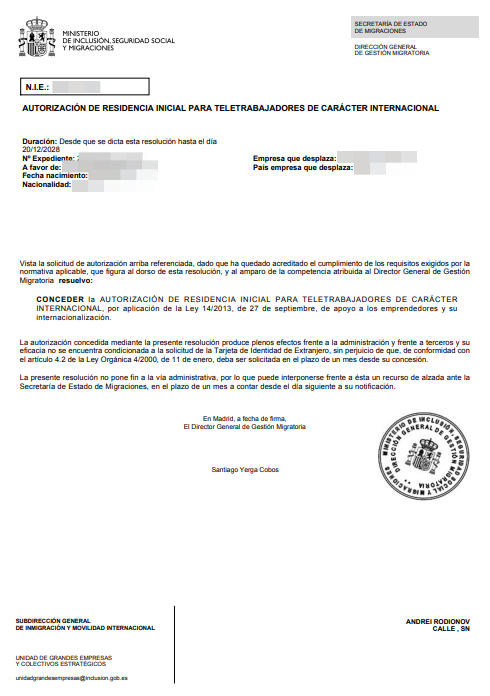 Spanish residence permit approval letter