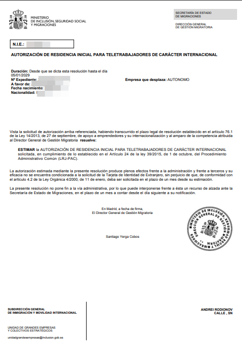 Spanish residence permit approval letter
