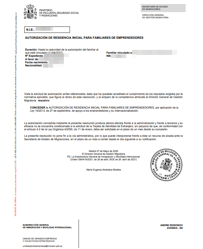 Spanish residence permit approval letter