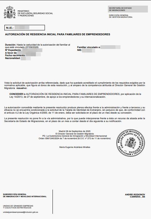 Spanish residence permit approval letter