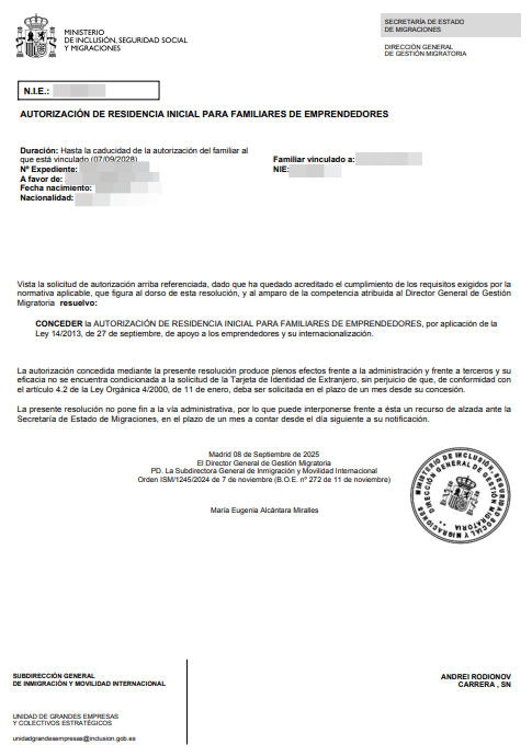 Spanish residence permit approval letter