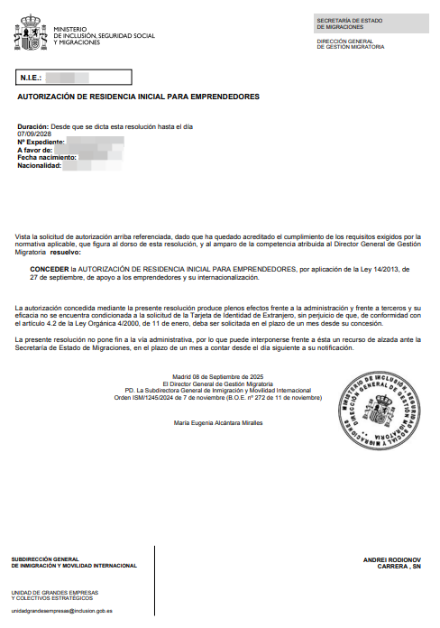 Spanish residence permit approval letter