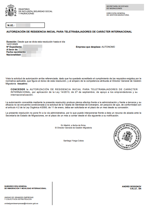 Spanish residence permit approval letter