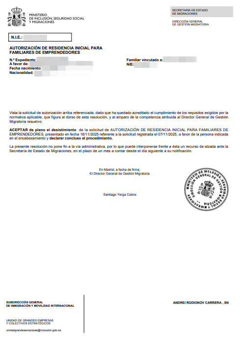 Spanish residence permit approval letter