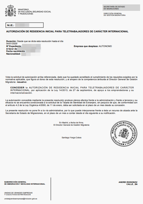 Spanish residence permit approval letter