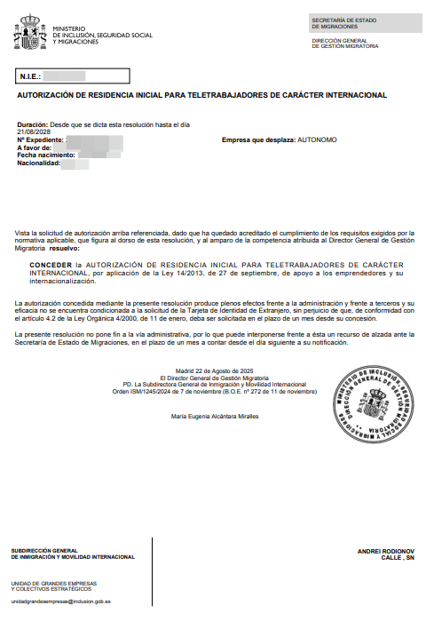 Spanish residence permit approval letter