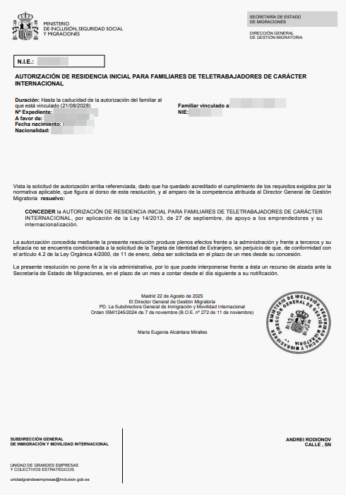 Spanish residence permit approval letter