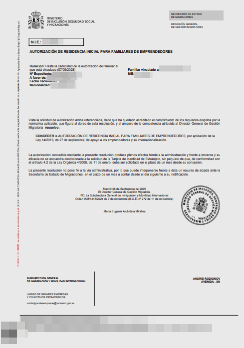 Spanish residence permit approval letter