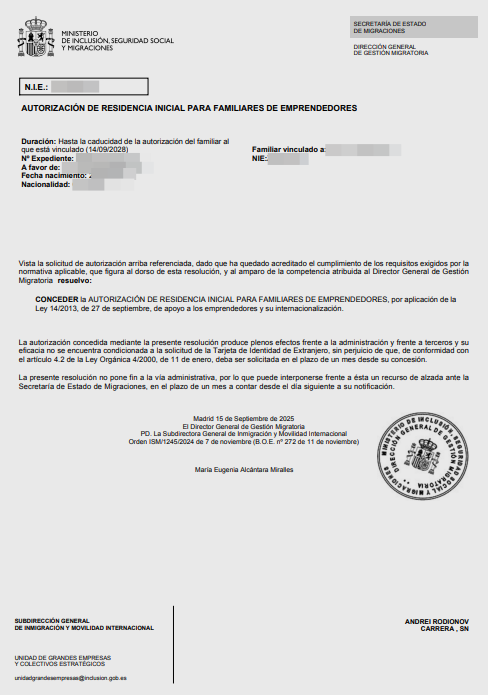Spanish residence permit approval letter