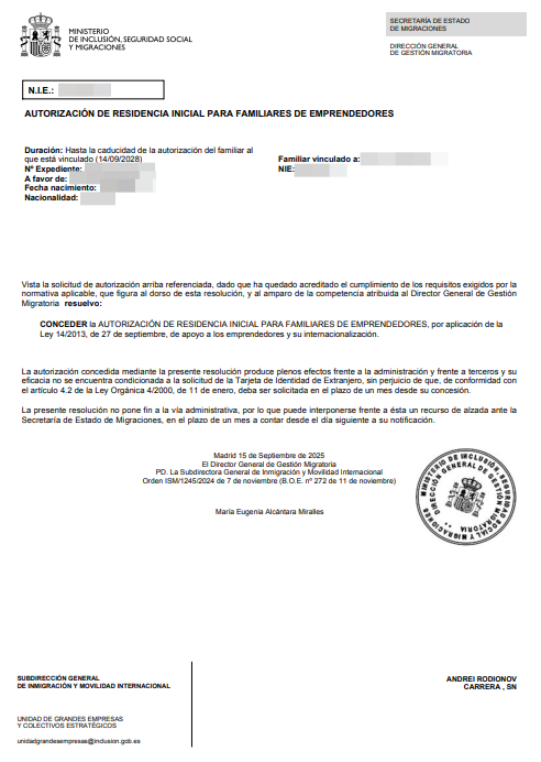 Spanish residence permit approval letter
