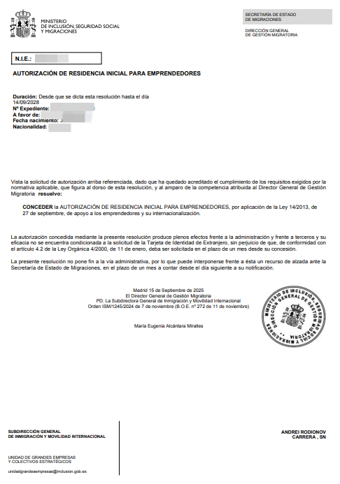 Spanish residence permit approval letter