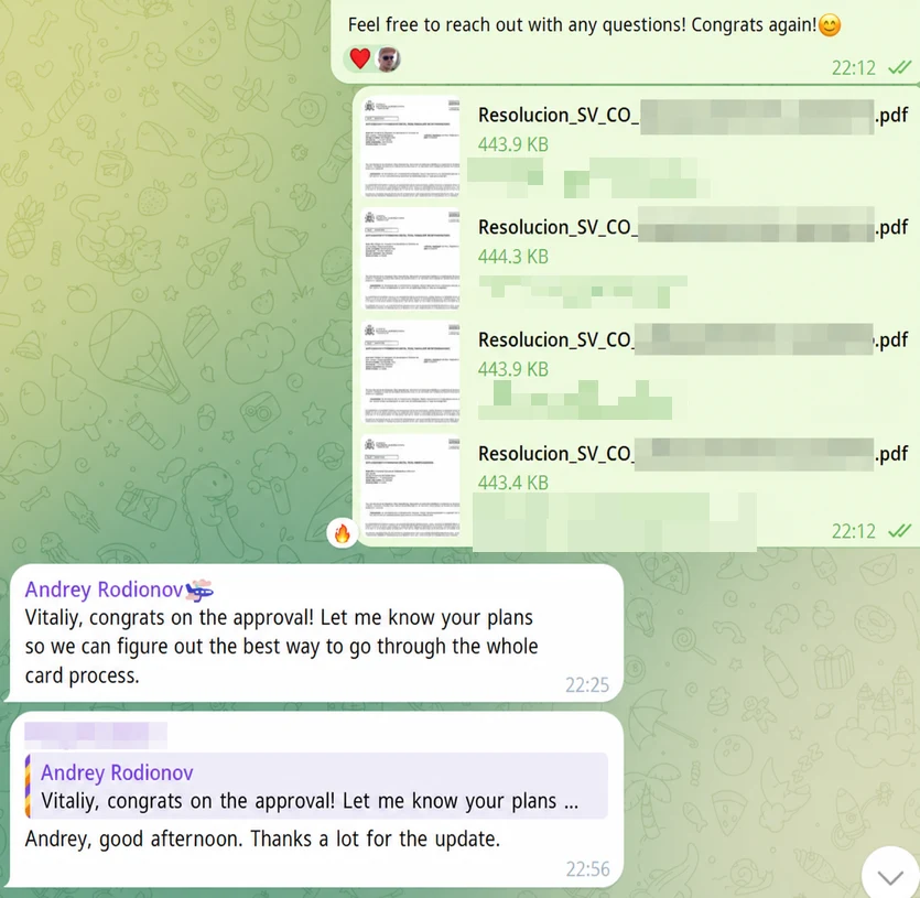 Screenshot of a client's WhatsApp conversation with EspañaGo about their Spain visa