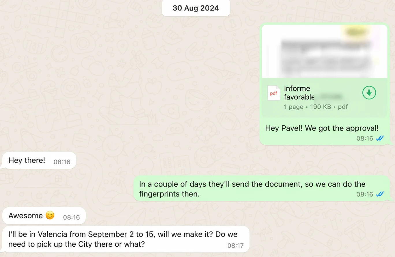 Screenshot of a client conversation with EspañaGo